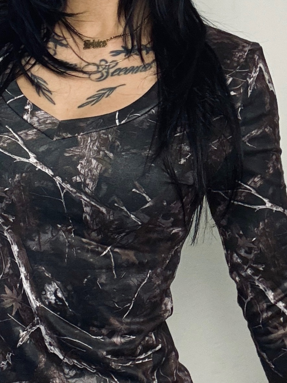 Camouflage Long Sleeve Top - Brown & Black SHEIN small